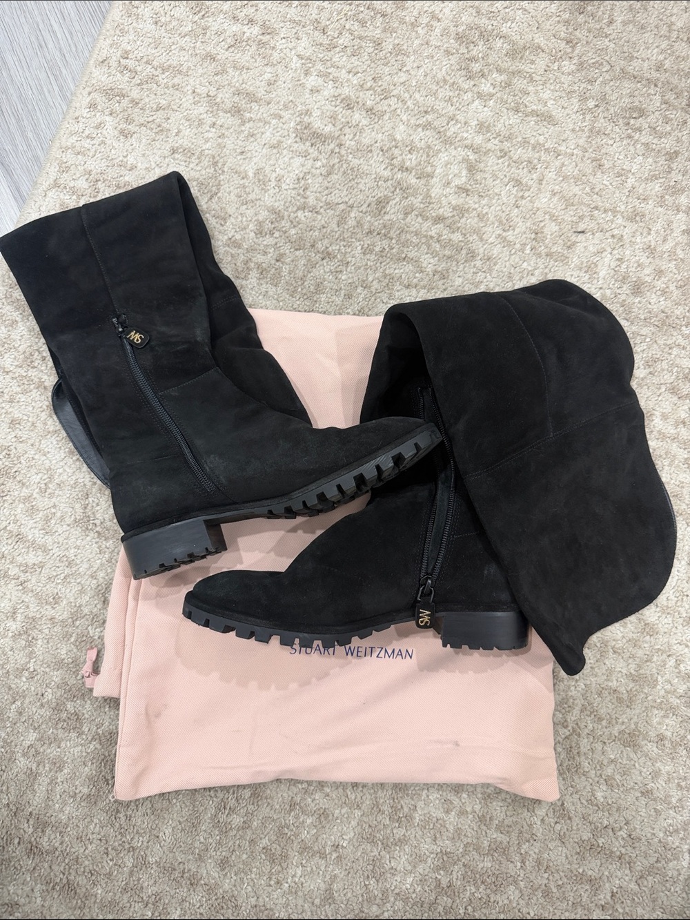 Stuart Weitzman Black Suede Knee Length Lug Sole Boots